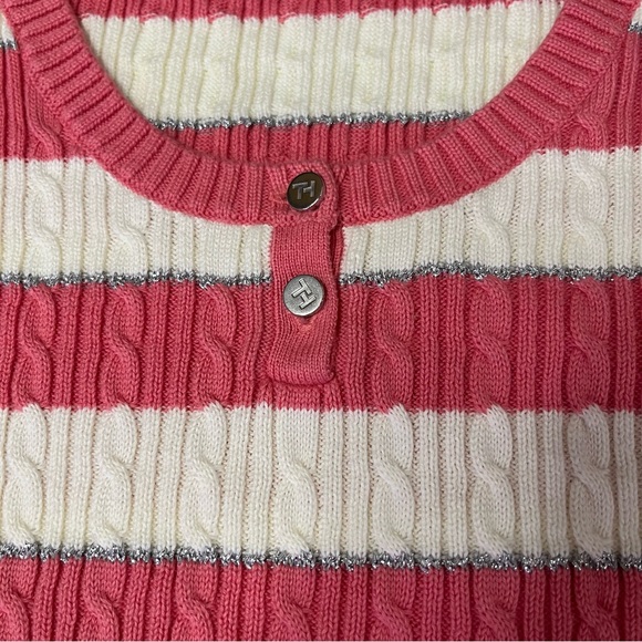 Tommy Hilfiger Pink, Off-white, and Silver Striped Cable Knit Sweater Large - Picture 11 of 12